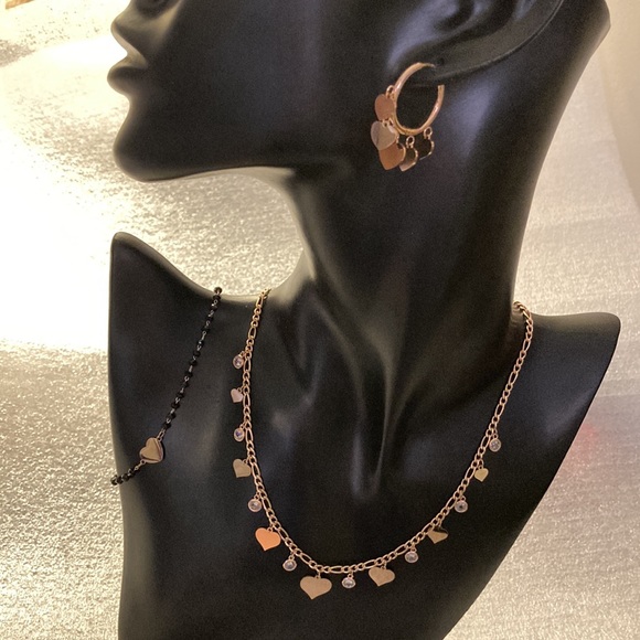 NWOT - Stainless Steel Cute Heart Rose Gold Tassel Bohemia Choker Necklace Set - Picture 10 of 16